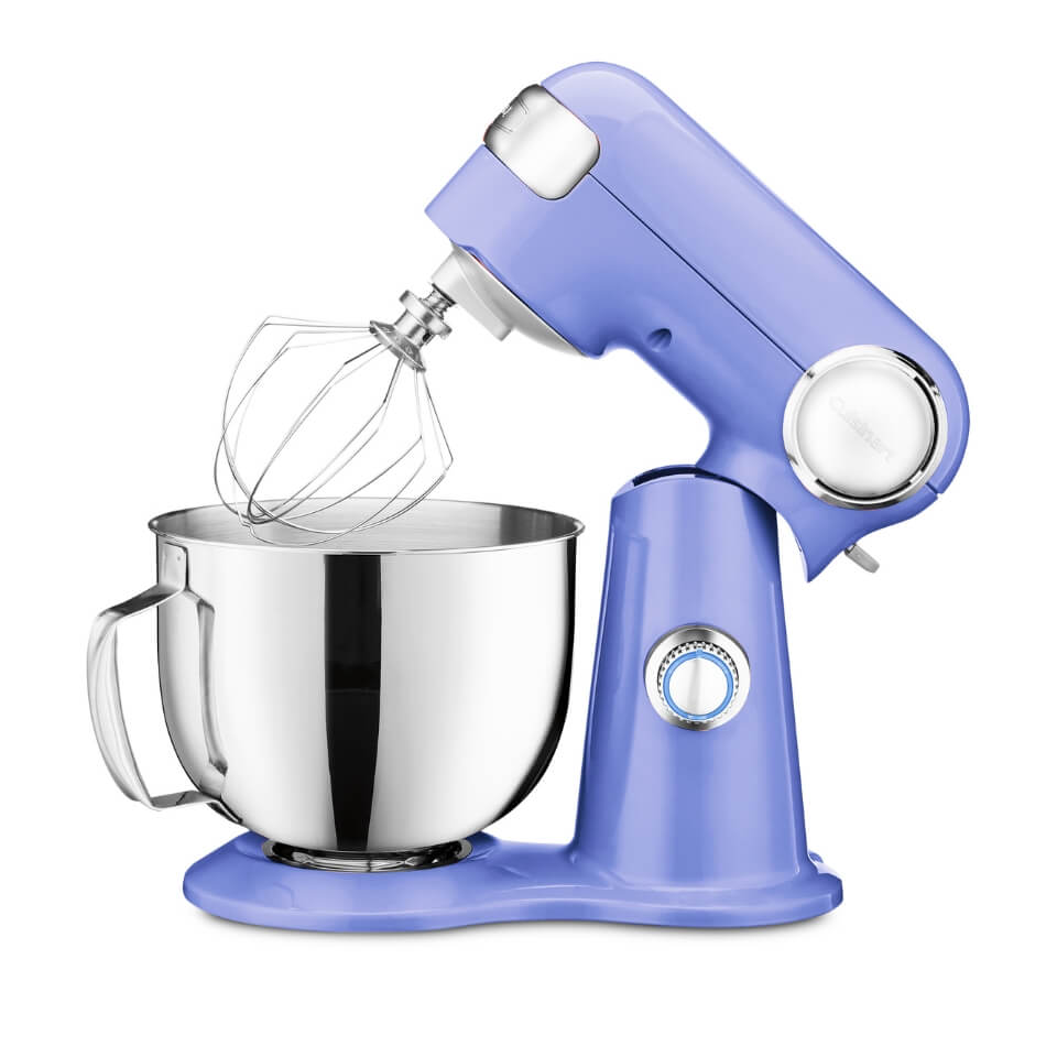 A purple Cuisinart stand mixer with a stainless steel bowl and the head tilted up