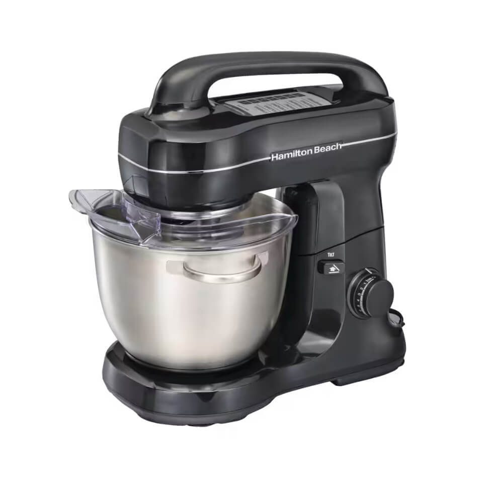 A black stand mixer with a stainless steel bowl