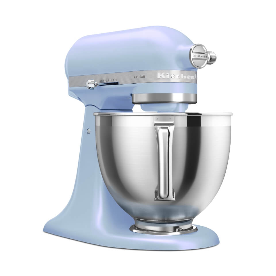 A blue KitchenAid stand mixer