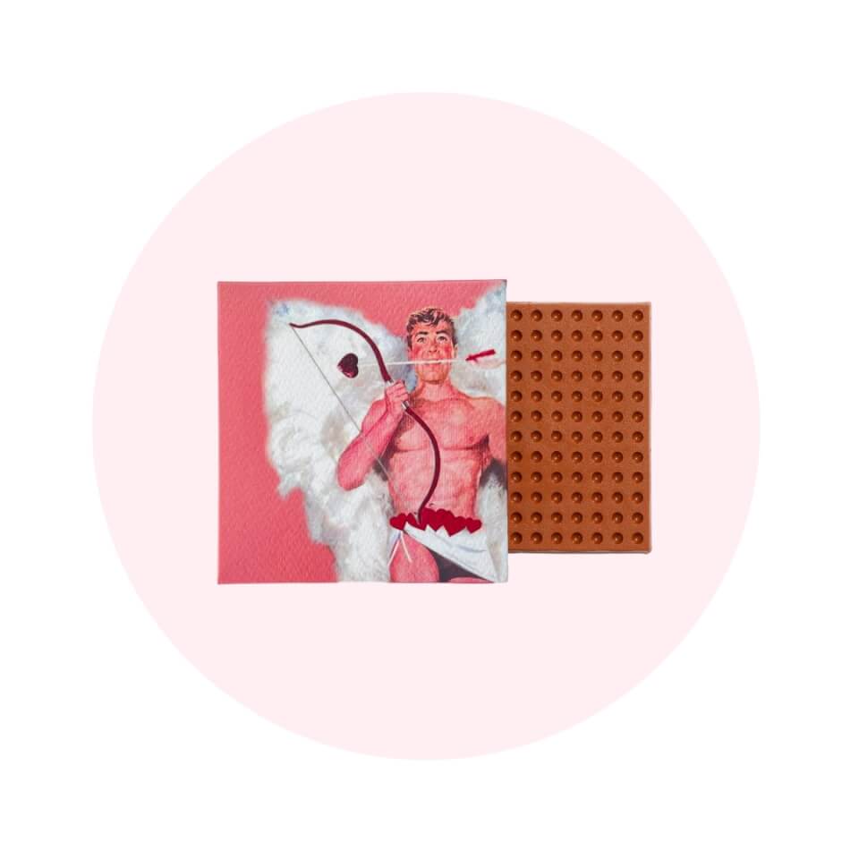 A chocolate bar with a Cupid on the wrapper