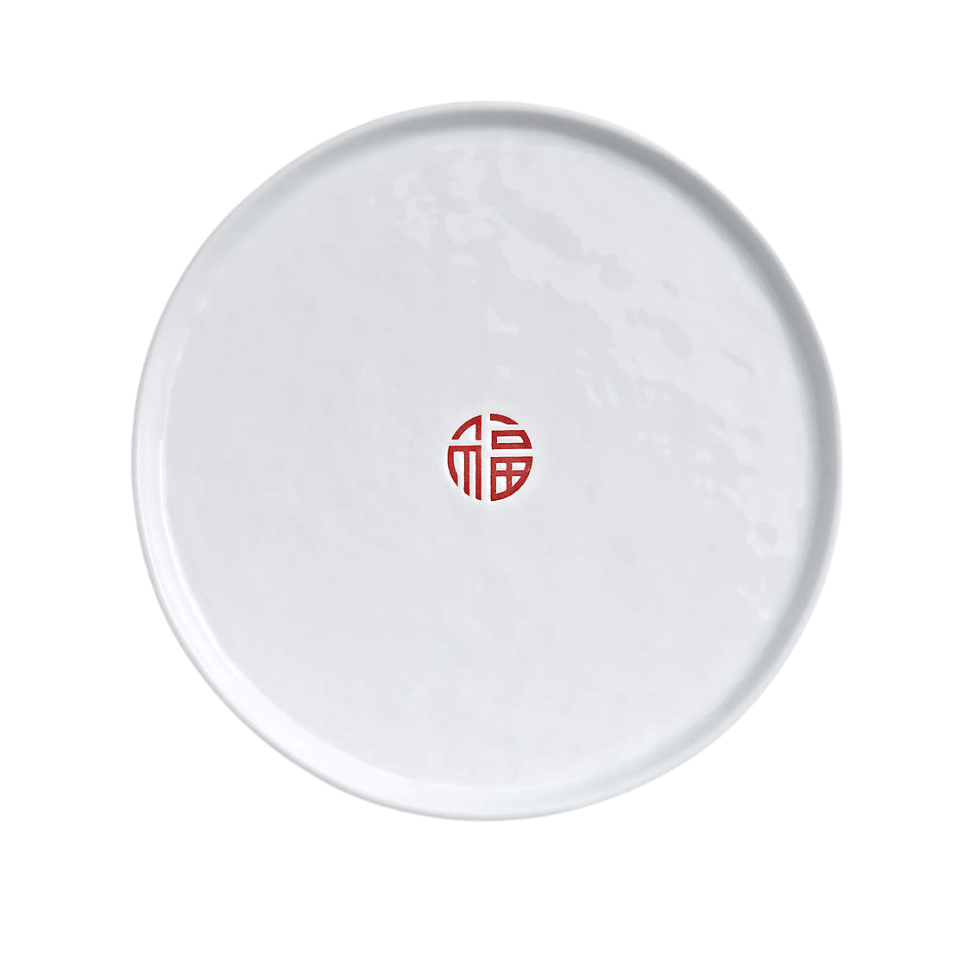 white plate with red chinese symbol