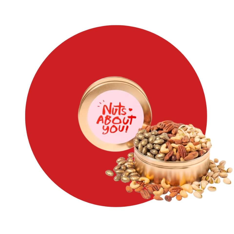 A tin of mixed nuts with a pink label in a red circle