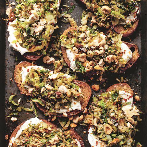 Slices of toast with a Brussels sprout mo
