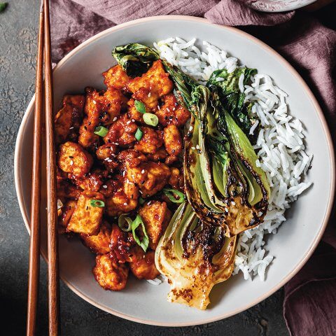 A white dish with rice, tofu and bok choy