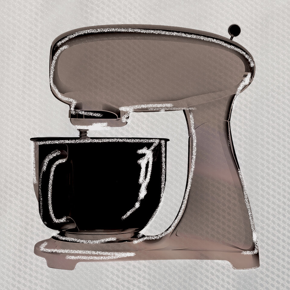 A grey, black and white illustration of a stand mixer