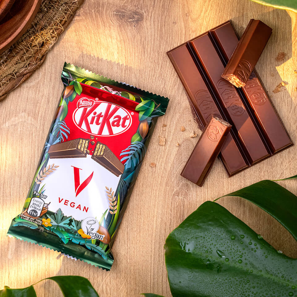 A KitKat bar on a wooden board