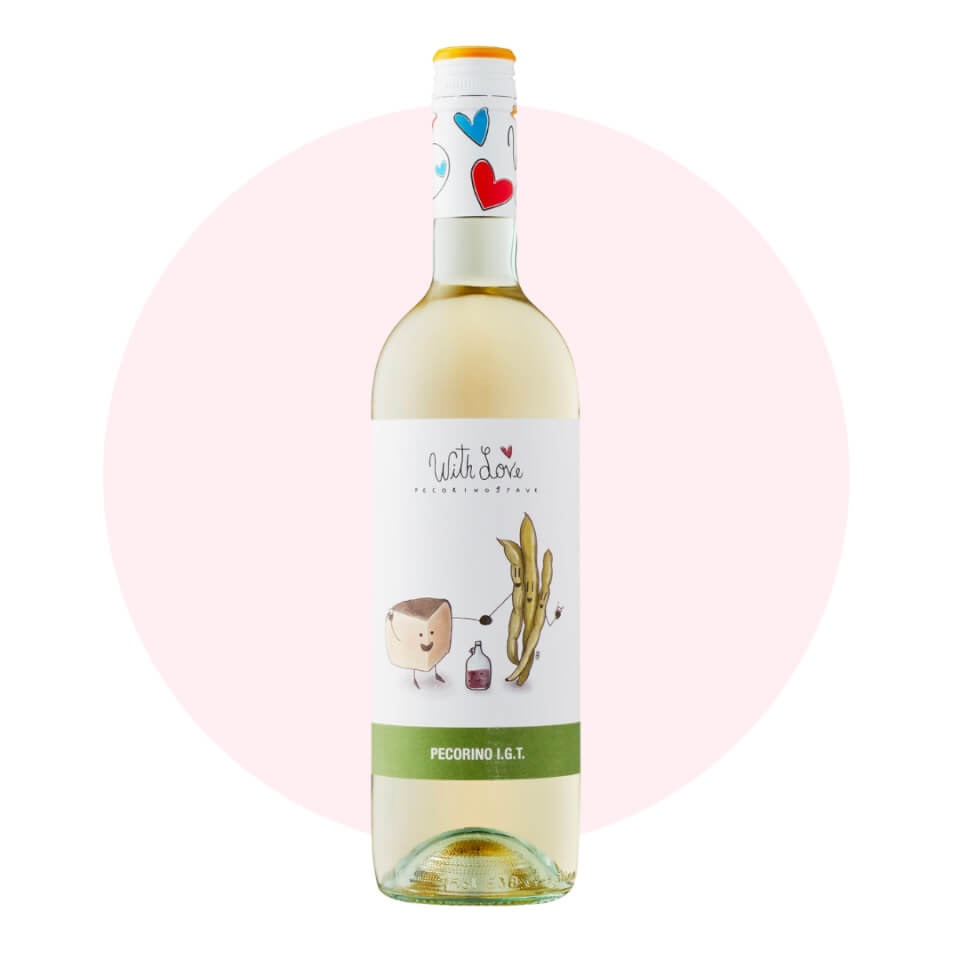 A bottle of white wine over a light pink circle