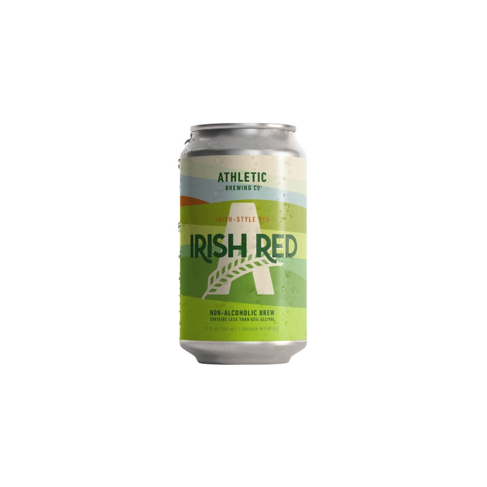 A silver can of beer with a green label that has a white "A" logo and the words "Irish Red" written in dark green capital letters
