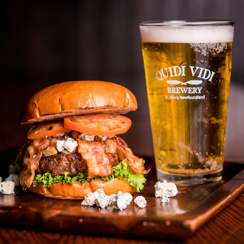 Bacon-topped burger and a beer brewed in Quidi Vidi, Newfoundland