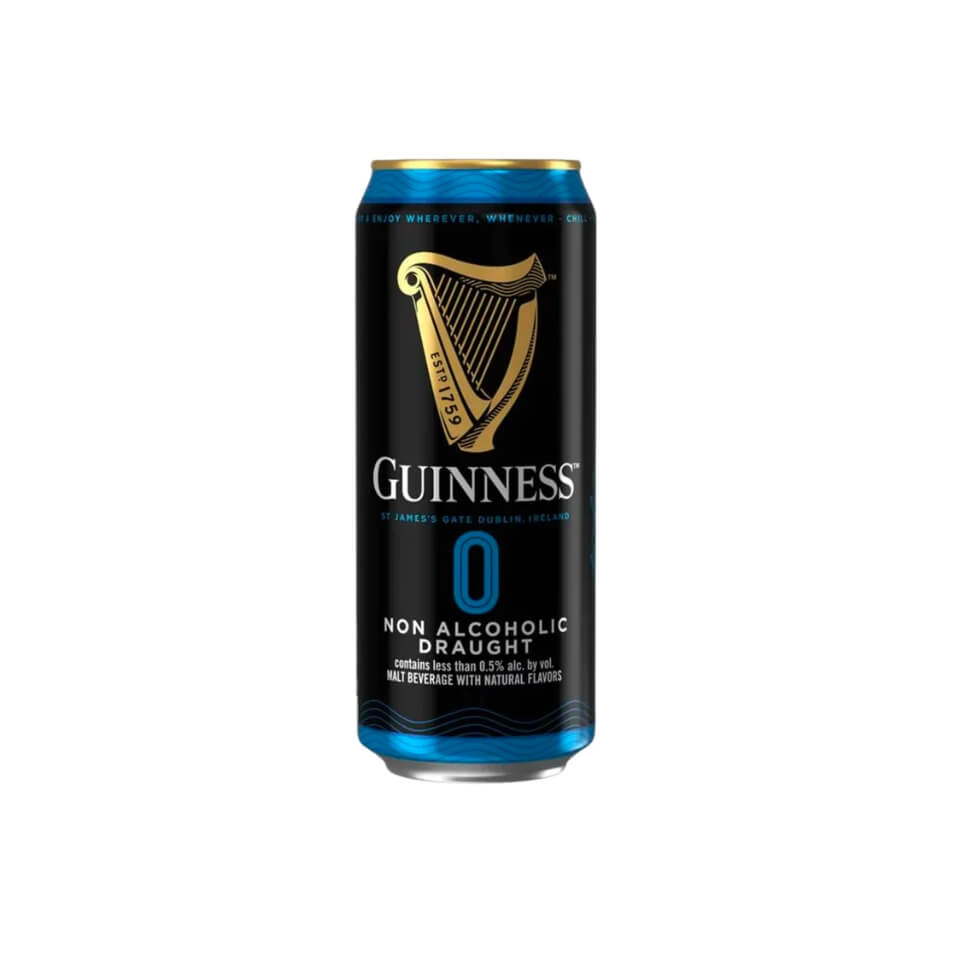 A black-and-blue tall can of Guinness 0 non-alcoholic beer