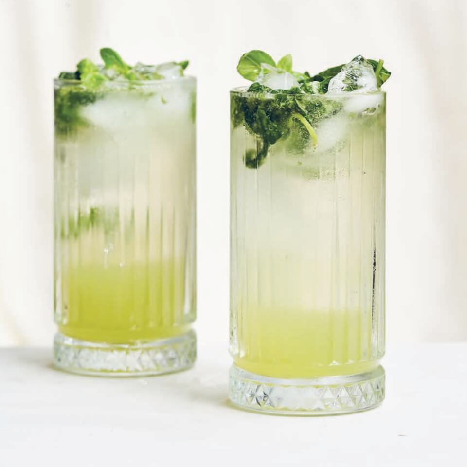 Two glasses with a green cocktail