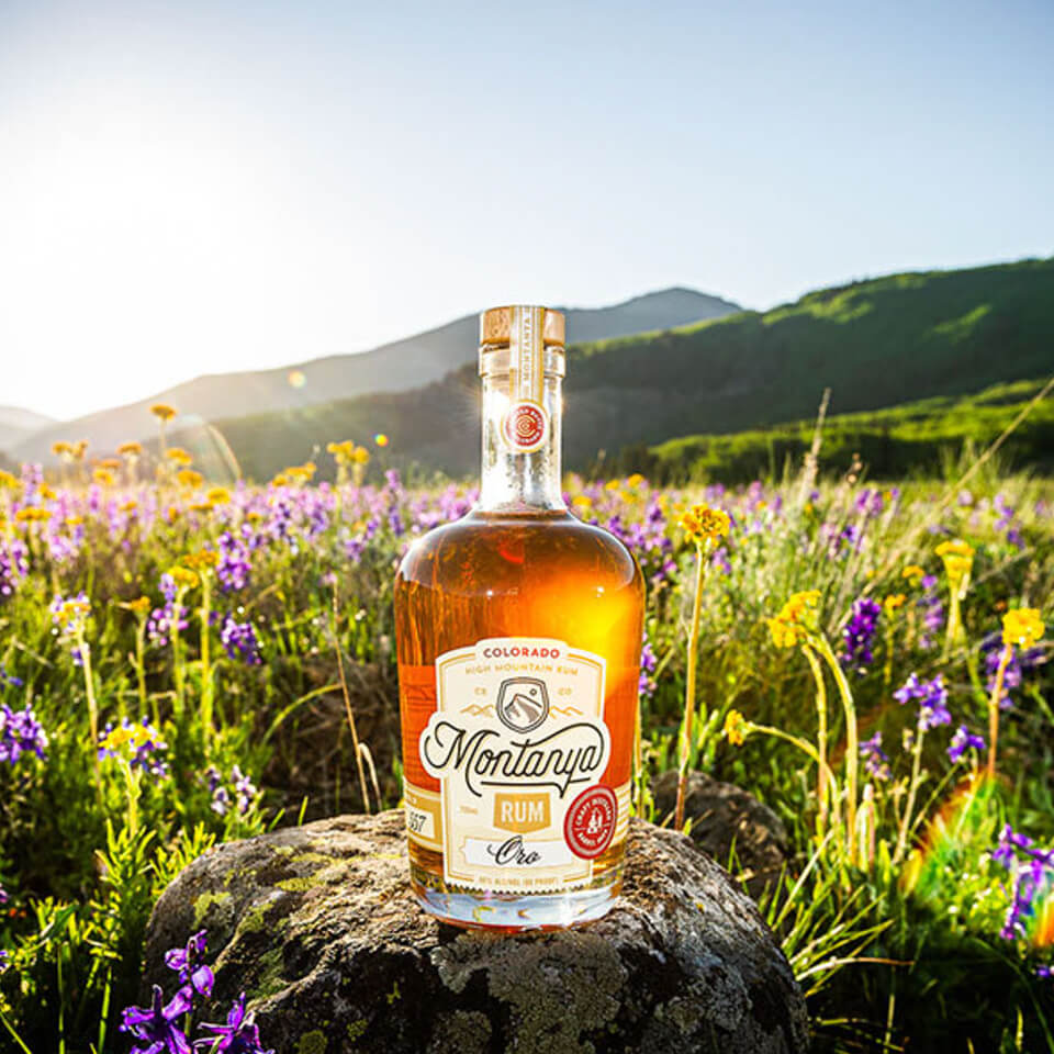 A bottle sitting on a rock in an outdoor wildflower field with mountains visible in the background