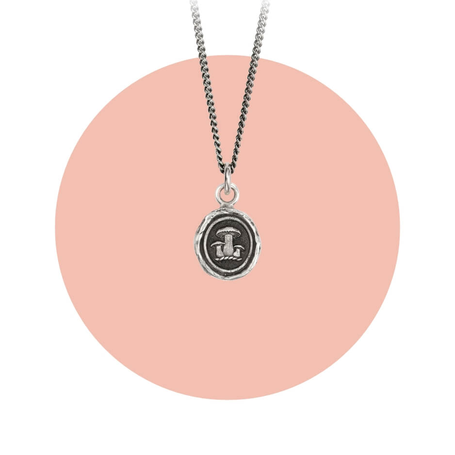 A silver pendant over a light pink circle