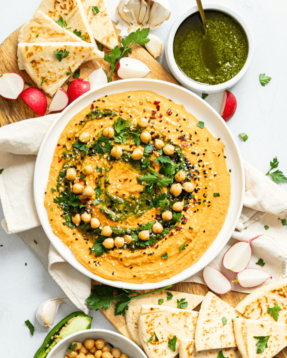 Roasted Carrot Hummus With Carrot Top Zhoug | Elle Gourmet