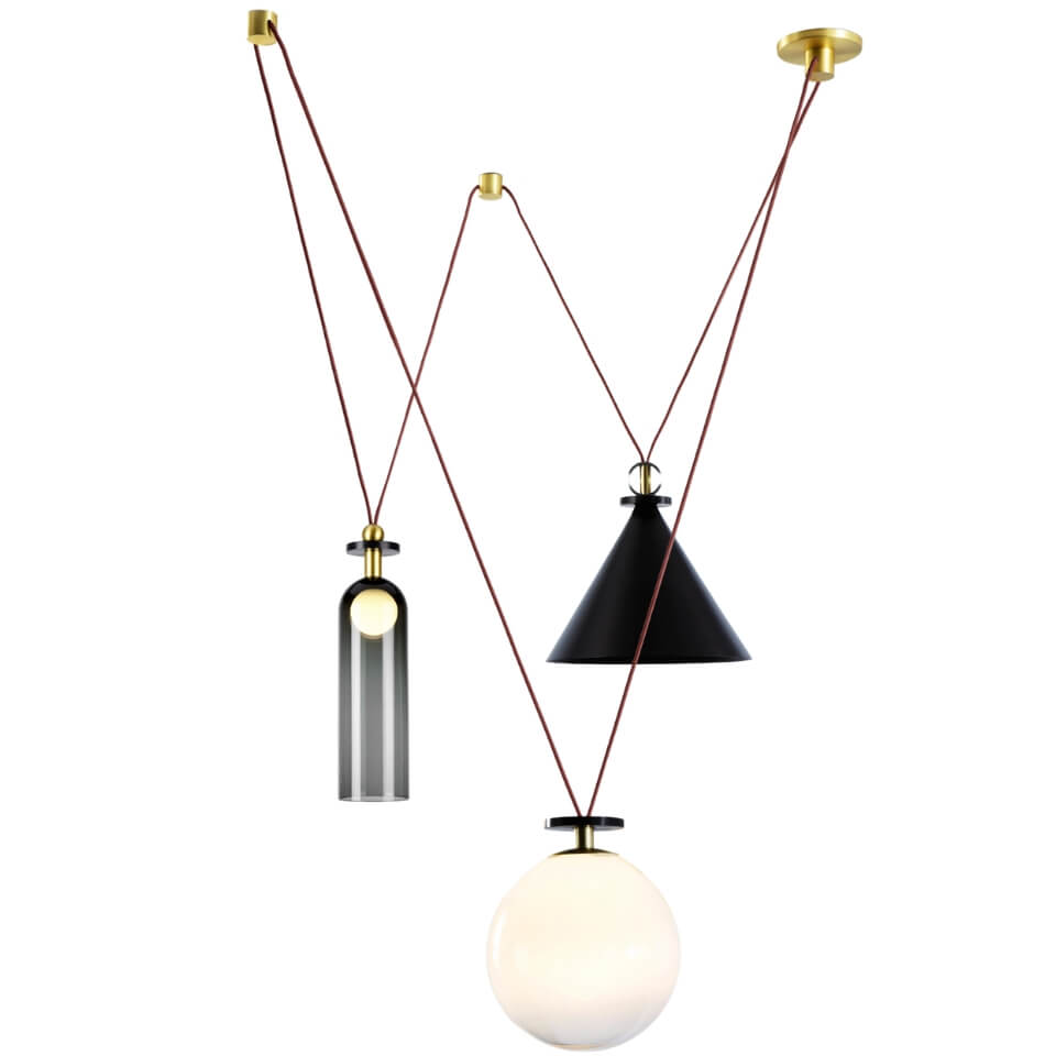 A hanging light with three different fixture styles