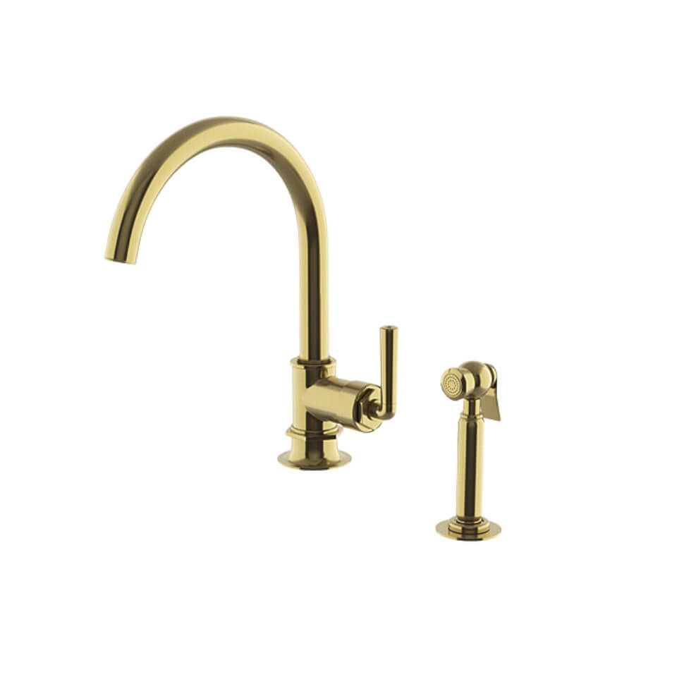 A brass sink and spray faucet