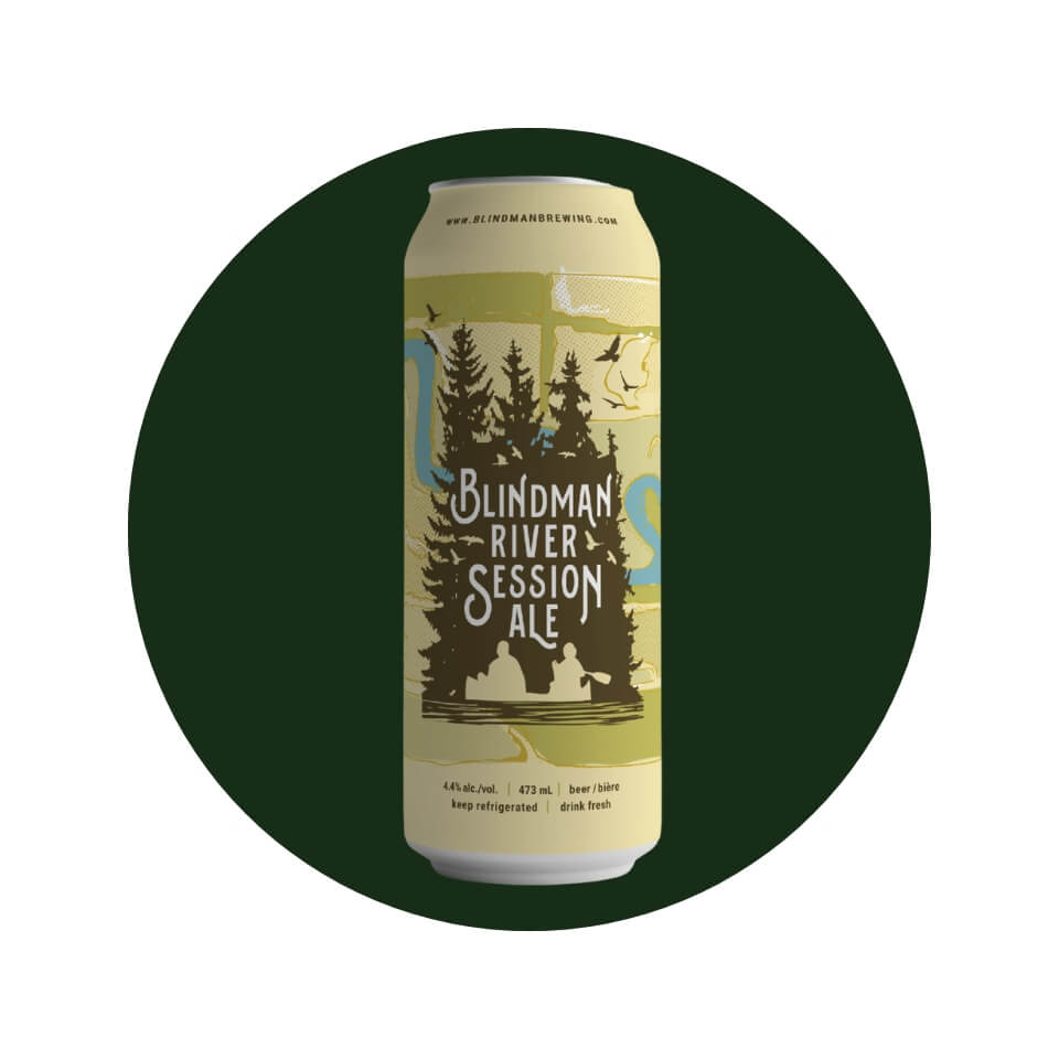 A tall can with a forest design inside a dark green circle