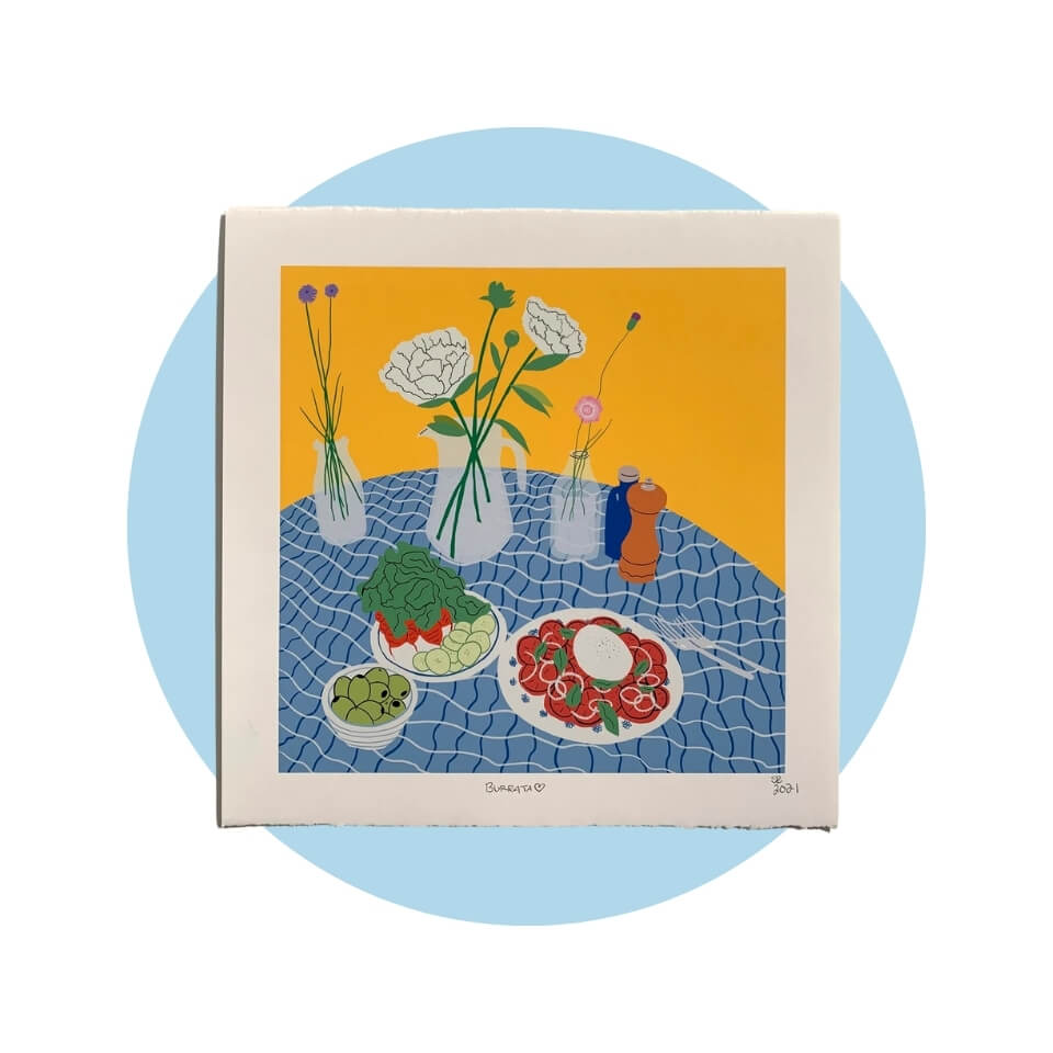 A square print with food and flowers on a table over a light blue circle