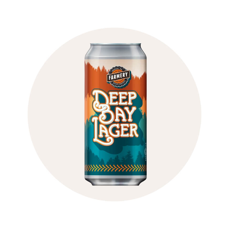 A tall can in tones of teal and orange in a cream-coloured circle