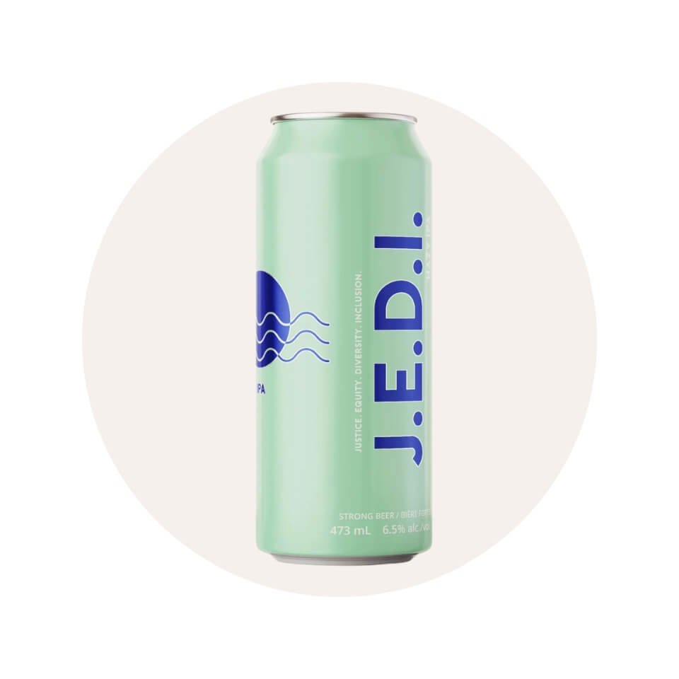 A light green can of beer in a cream-coloured circle