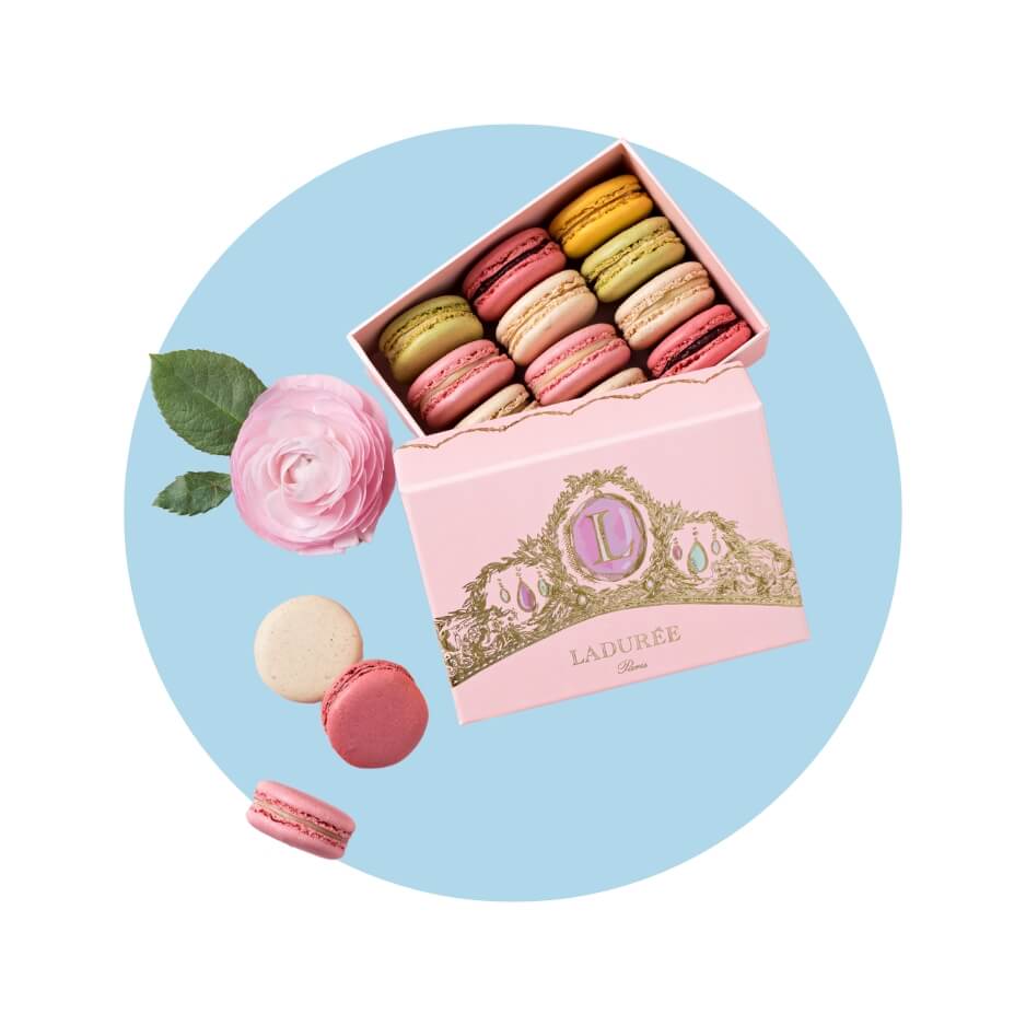 A pink box with macarons over a light blue circle