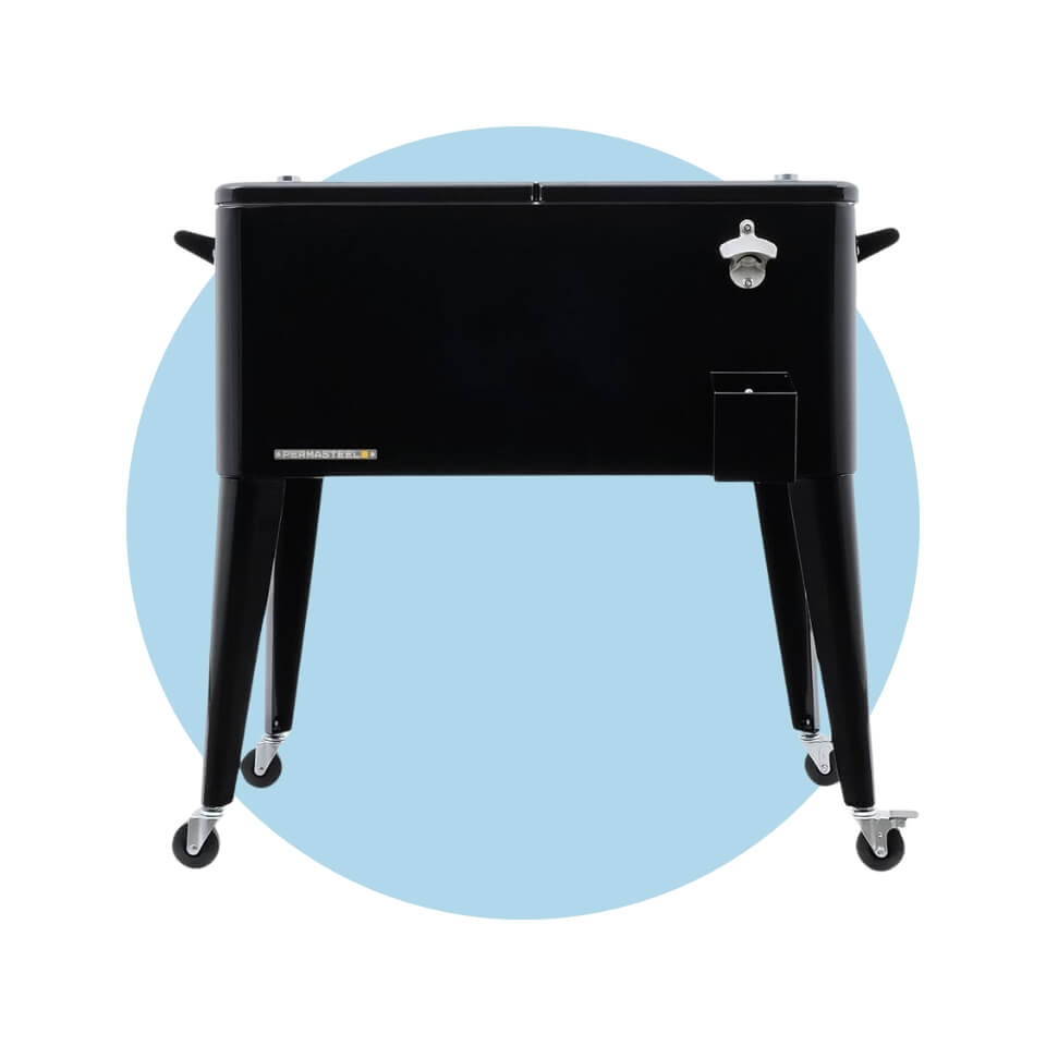 A black cooler on wheels over a light blue circle