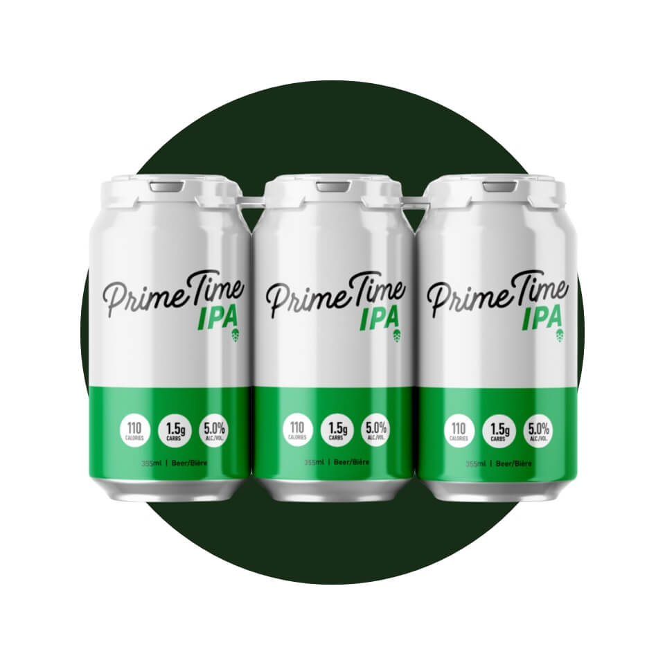 A six pack of beer over a dark green circle