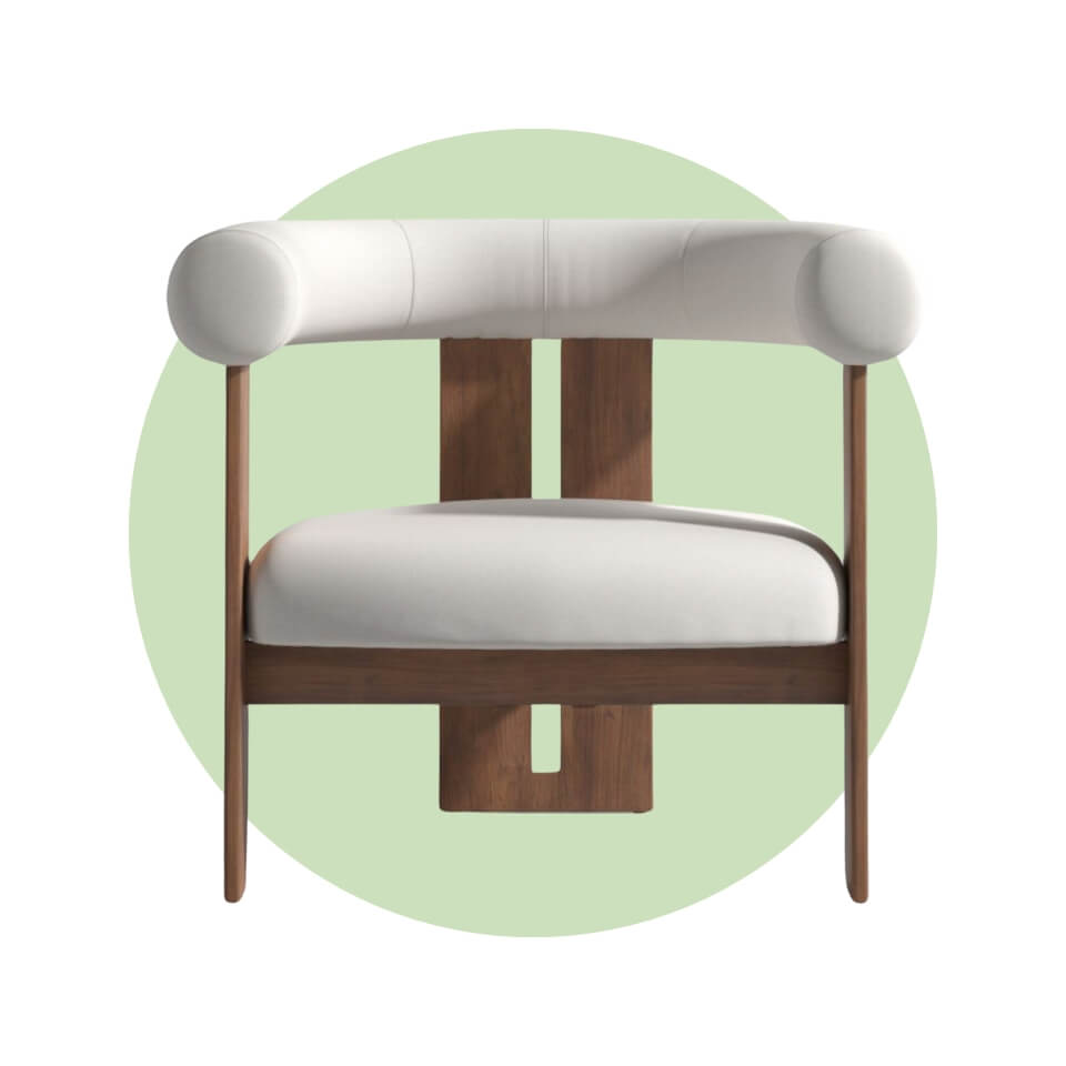 A chair with a wooden frame and white cushions over a light green circle
