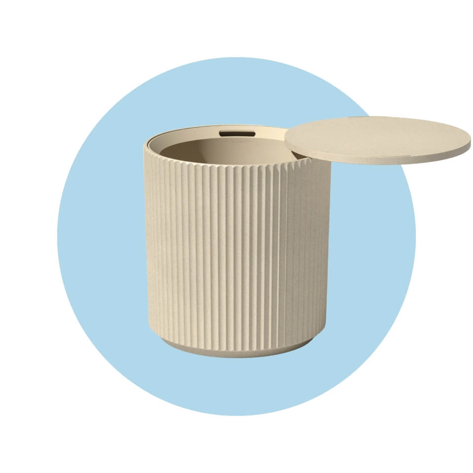 A round plastic table with a storage compartment in a light blue circle