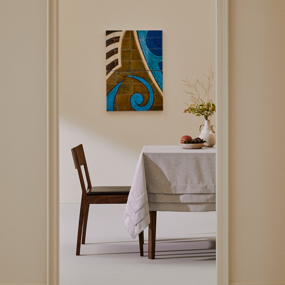 A view of a dining table and chair