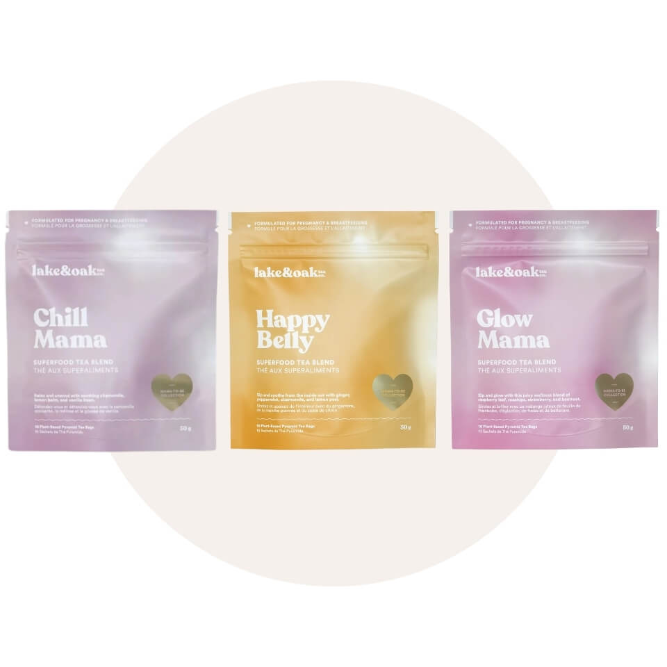 Three sachets of tea, one purple, one yellow and one pink over a cream-coloured circle