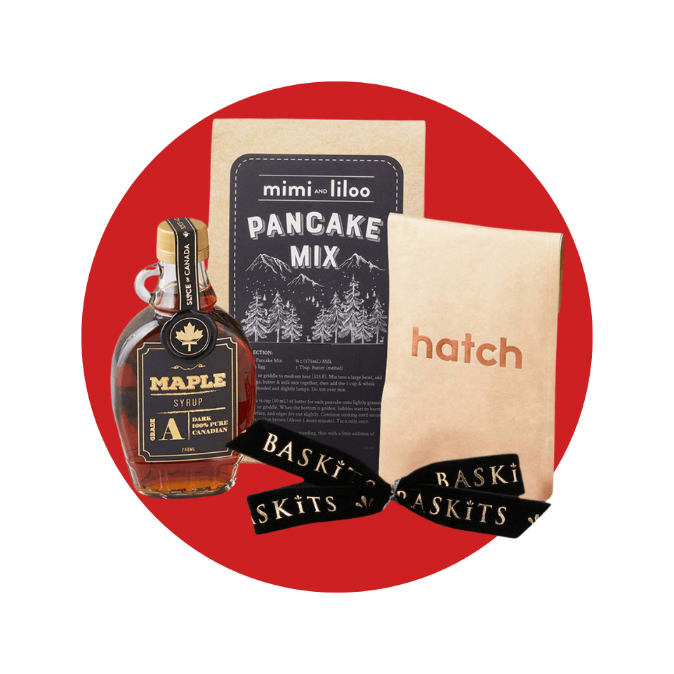 A breakfast pancake set in a red circle