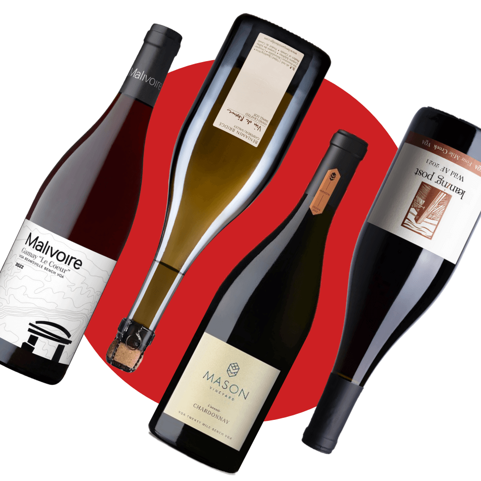 4 wine bottles on red circle background