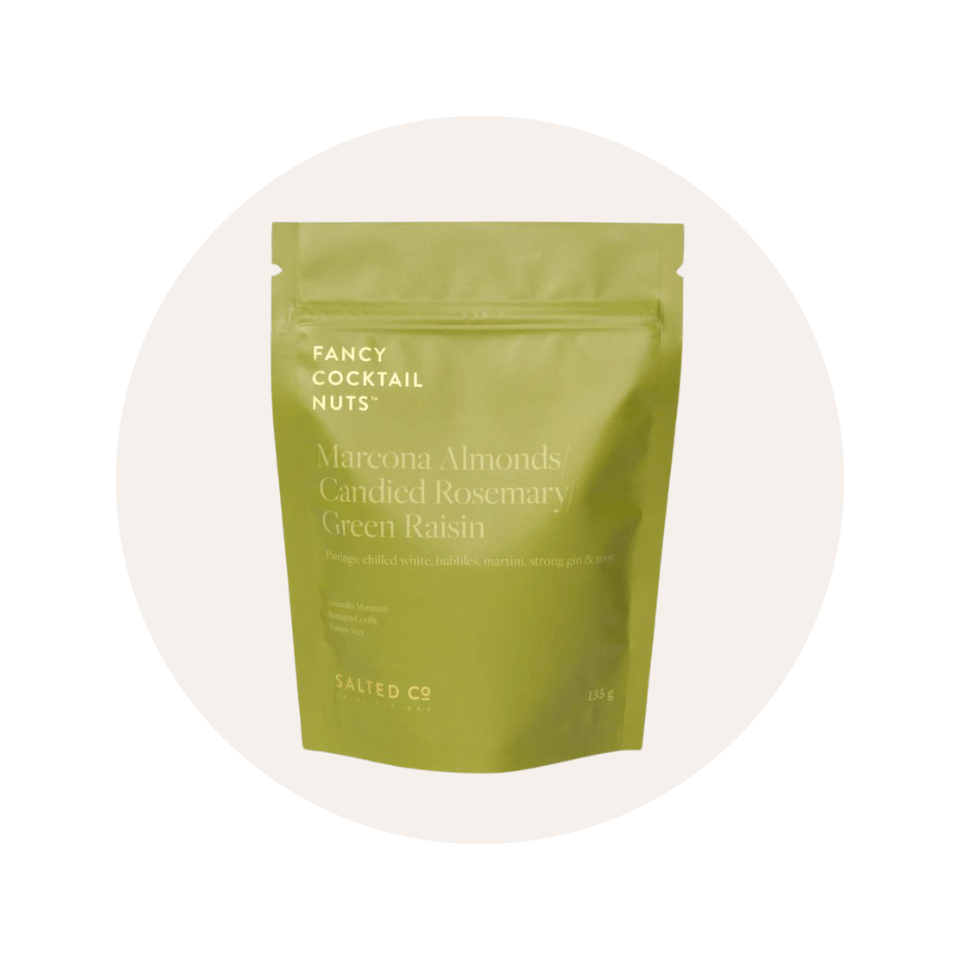 A green bag of nuts in a cream-coloured circle