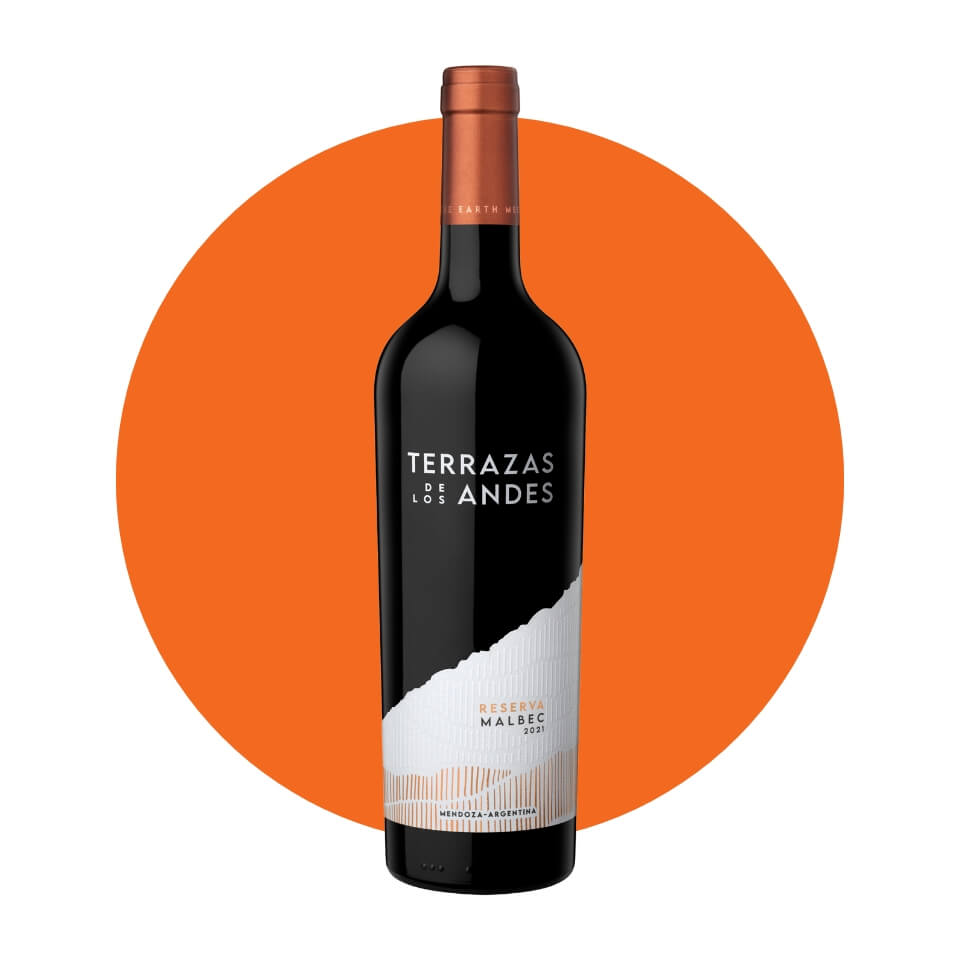 A bottle of red wine over an orange circle