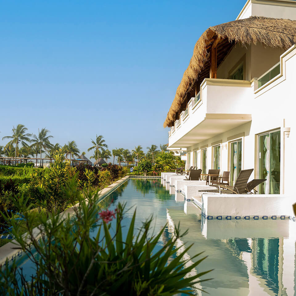 Balconies over a pool in a tropical location