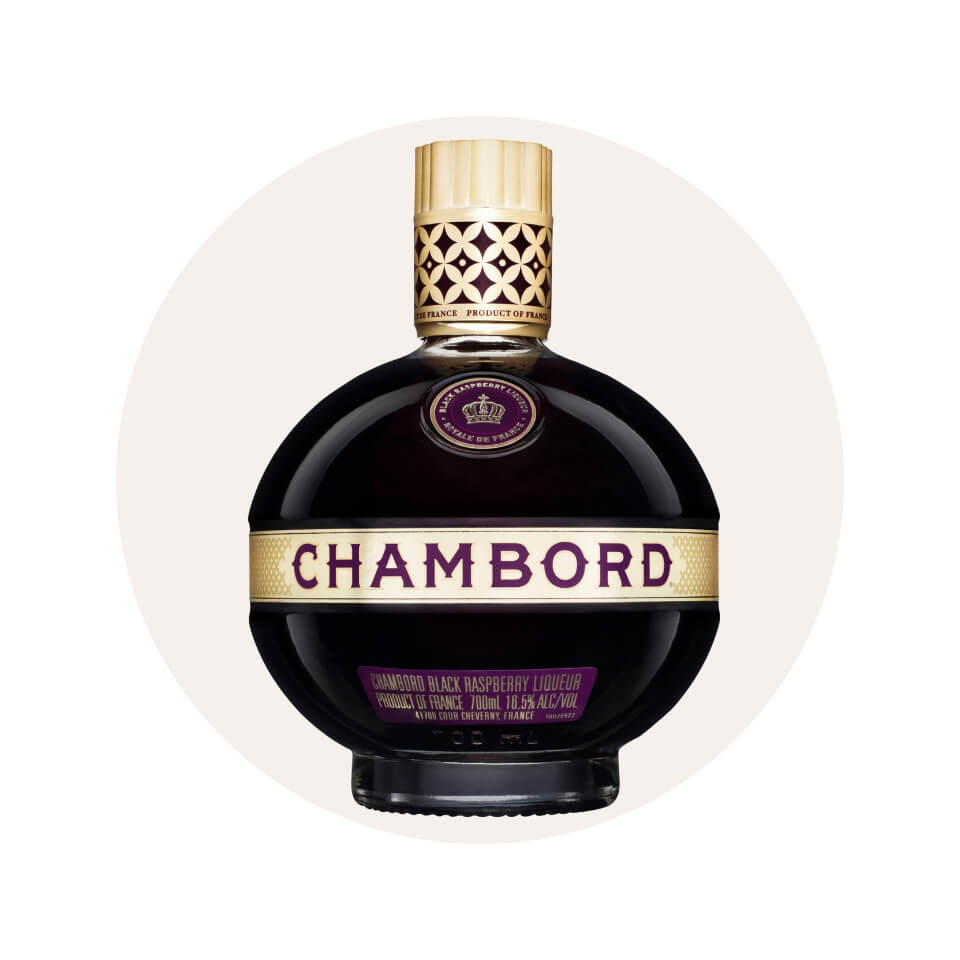 A bottle of Chambord in a cream-coloured circle