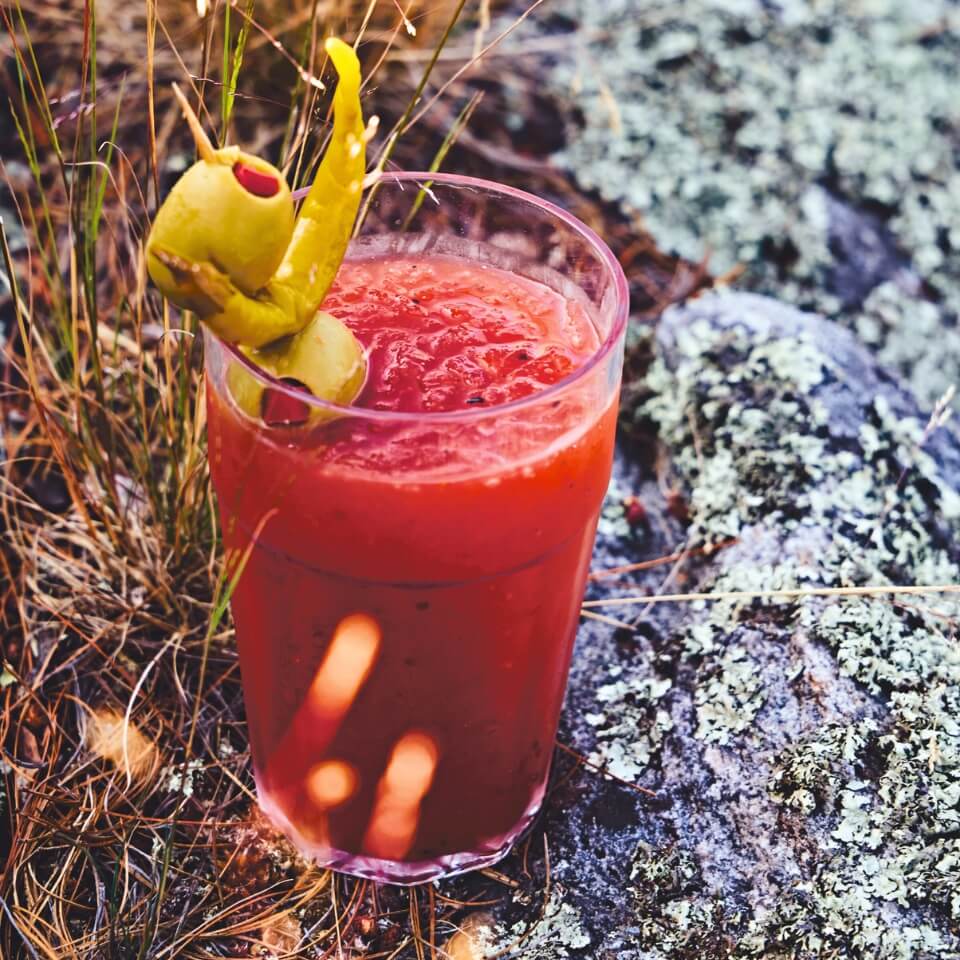 A Caesar cocktail sitting on a rock outdoors