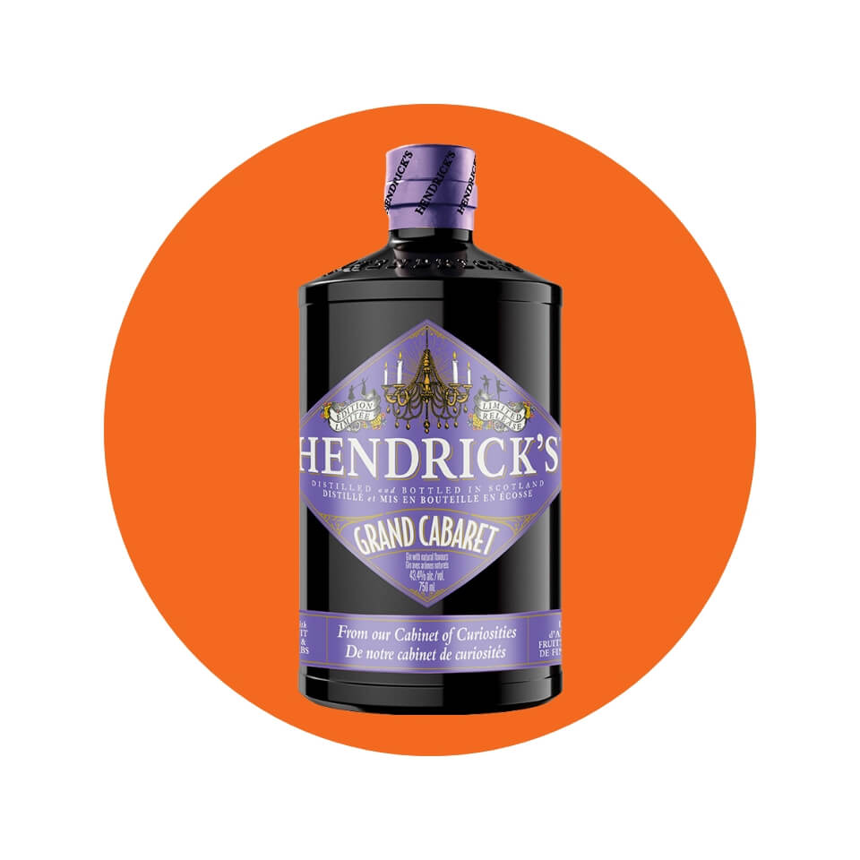 A purple bottle of gin in an orange circle