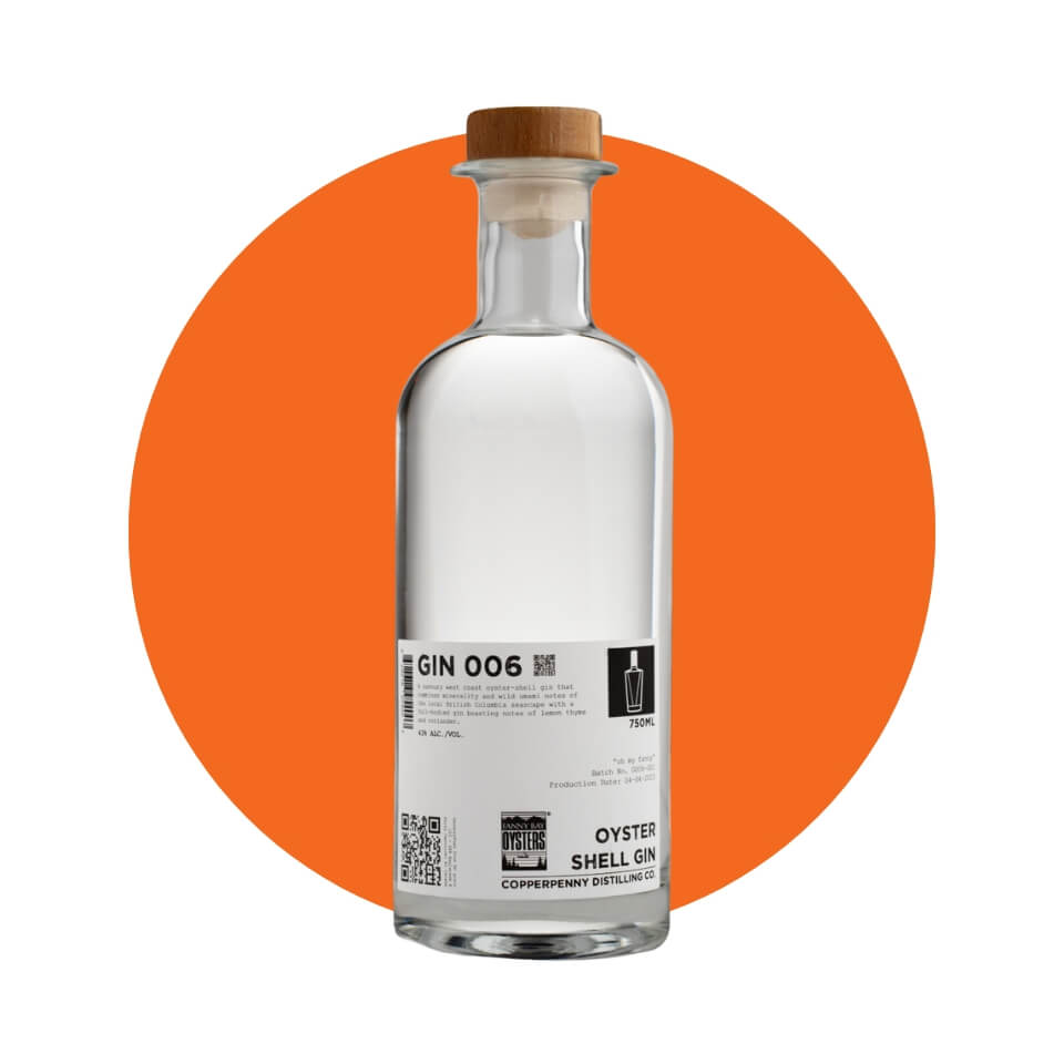 A bottle of gin over an orange circle