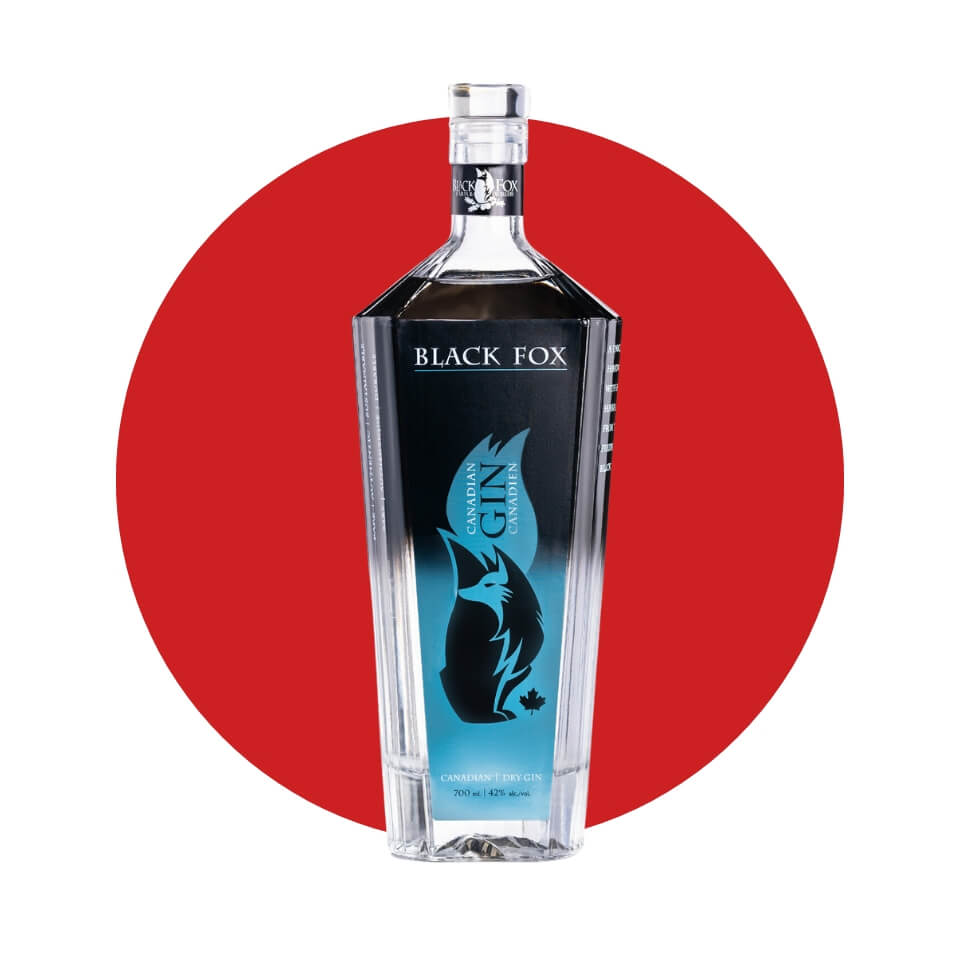 A bottle of gin over a red circle