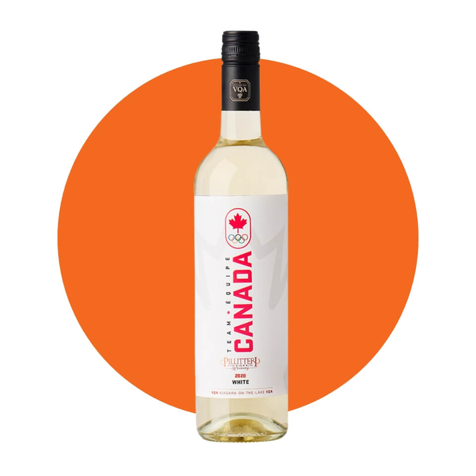 A bottle of white wine over an orange circle