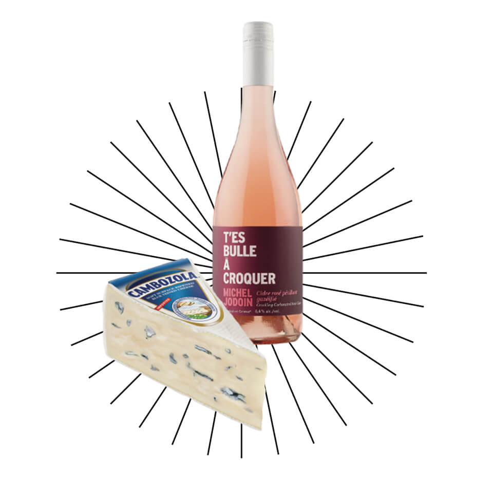 A bottle of rosé cider made in Quebec and a wedge of blue Cambozola cheese