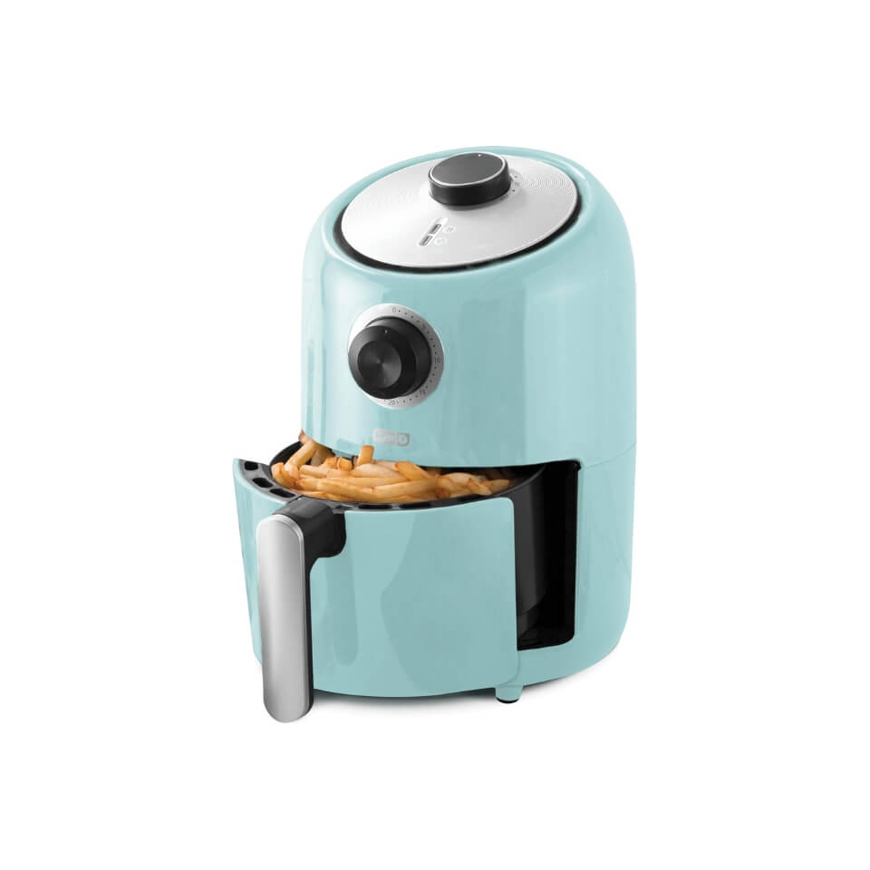 A blue air fryer with french fries in the basket