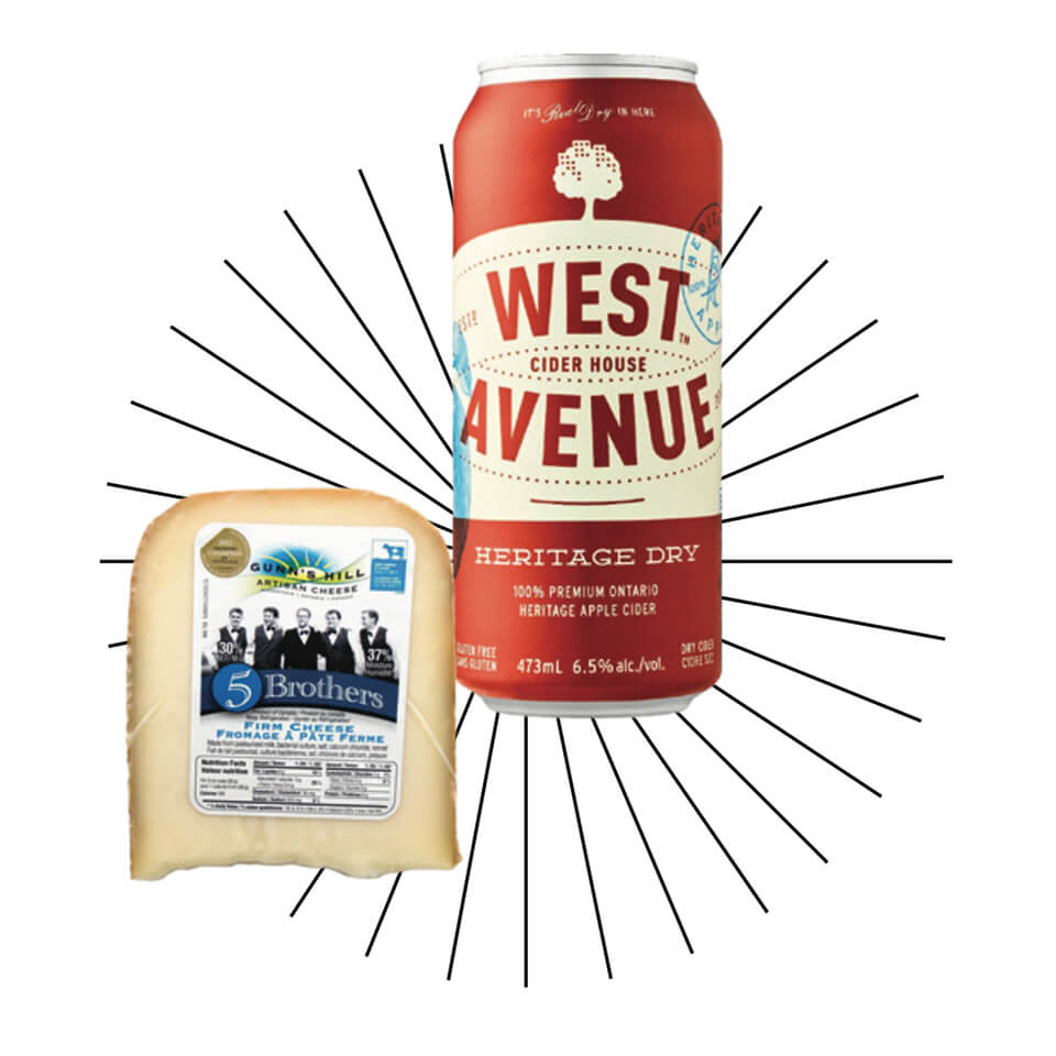 Ontario-made West Cider House can of cider pairs with a package of cheese from Ontario Gunn's hill artisan cheese