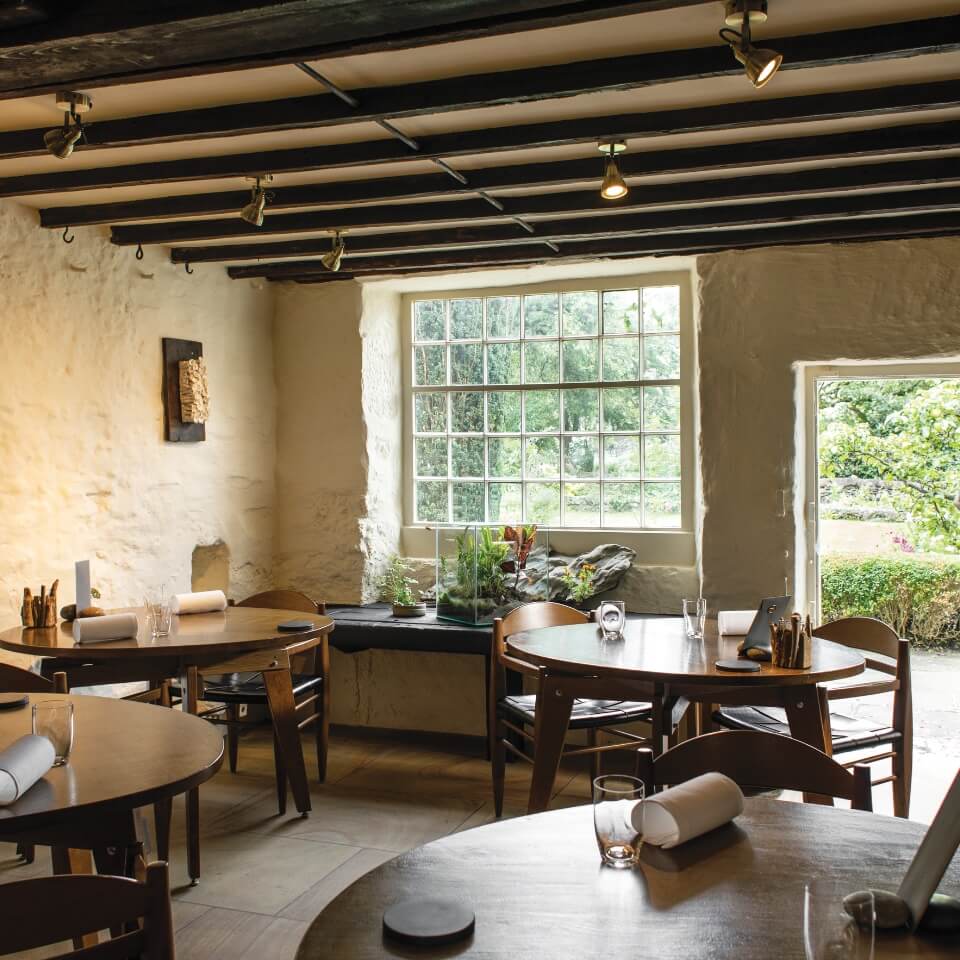 A rustic restaurant dining room