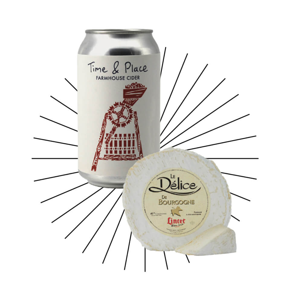 A red-and-white can of Ontario-made Time and Place farmhouse cider pairs with a wheel of triple crème cheese