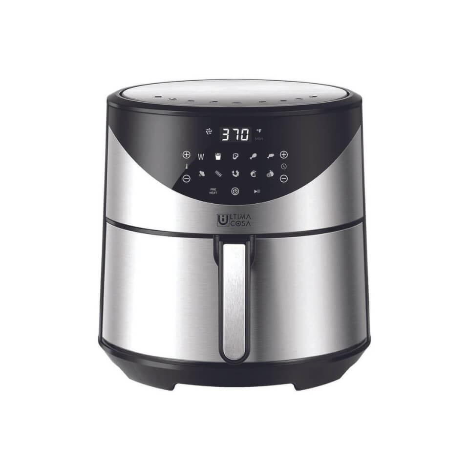 A silver and black air fryer