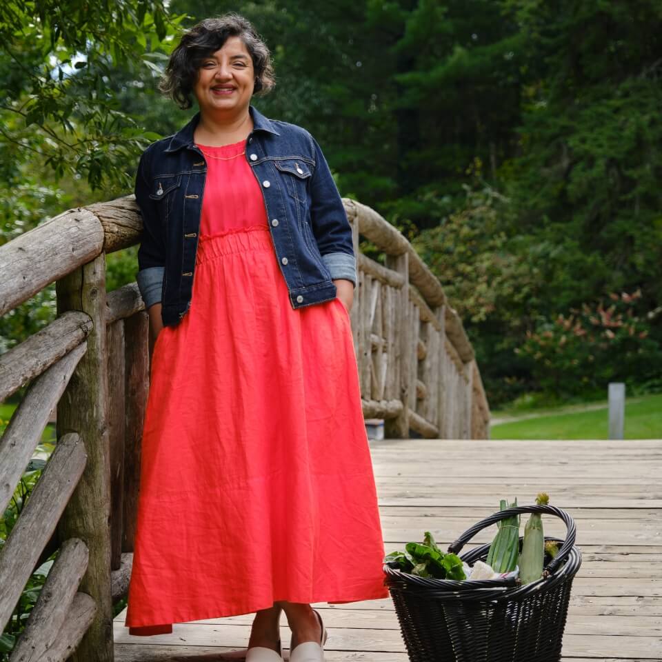 A woman in a red dress and denim jacket standing on a bridge next to a basket of fresh produce