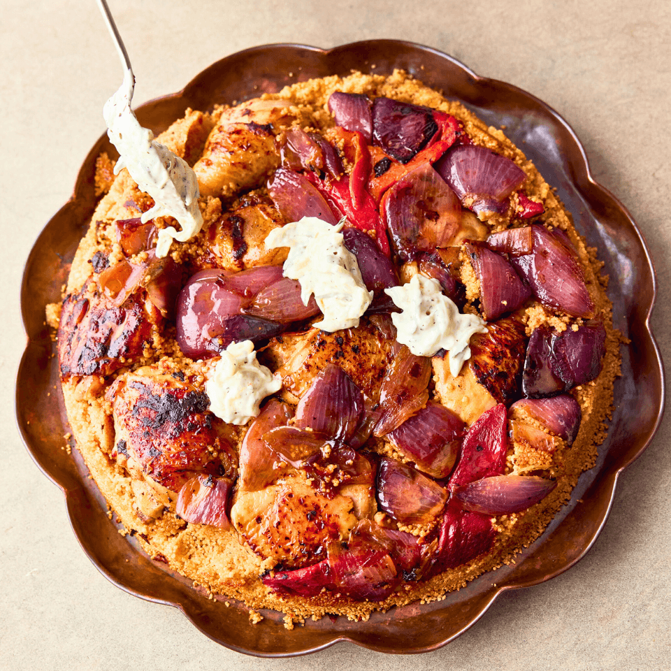 overhead shot of tart made from couscous and chickent